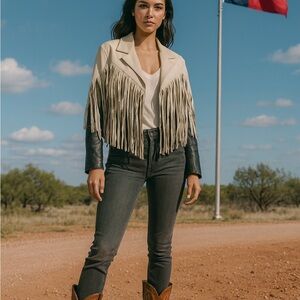 Elegant Cream and Black Leather Fringe Cowboy Jacket